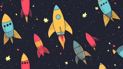 Playful cartoon rockets soar through a starry night sky