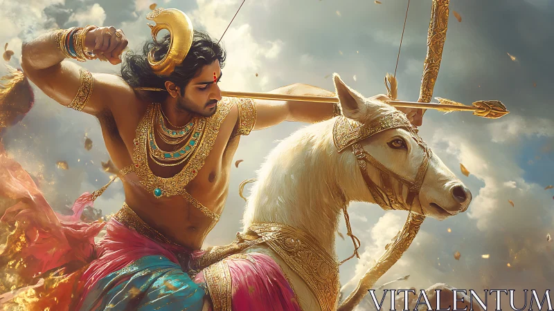 Armored archer on white horse prepares to release arrow