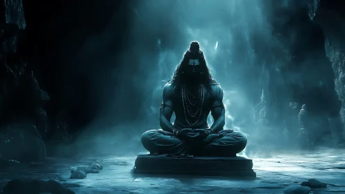 Meditating figure sits in a dim cave under directional blue light