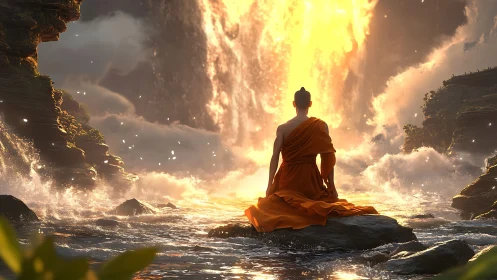 Radiant waterfall welcomes a calm monk into glowing stillness