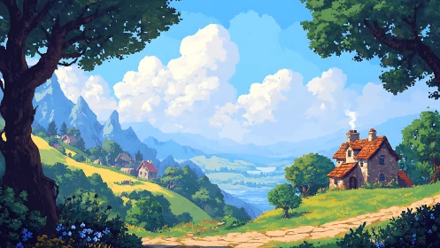 Idyllic riverside cottage within luminous valley landscape.