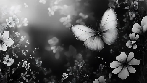 Monochrome butterfly glides above stylized blossoms in chiaroscuro