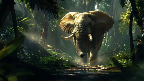 Elephant moving through dense tropical forest environment.