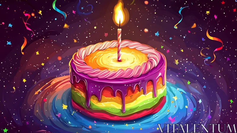 Vibrant Rainbow Layer Cake with Glowing Candle.