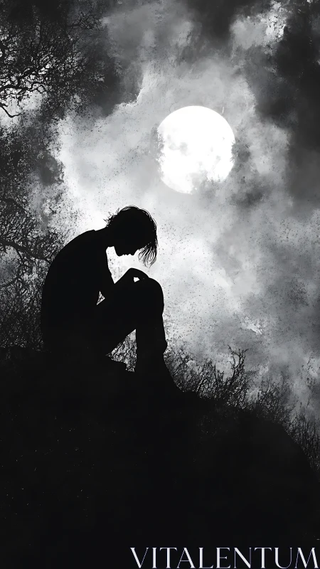 Moonlit silhouette cradles quiet sorrow on a lonely hilltop.