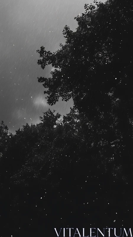 Monochrome treetops intercept slanting nocturnal rainfall