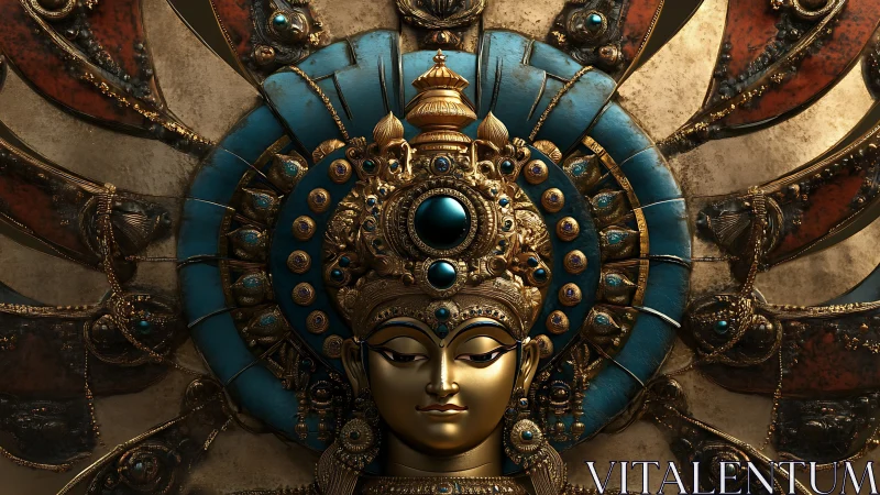 Ornate golden deity head with turquoise jeweled halo
