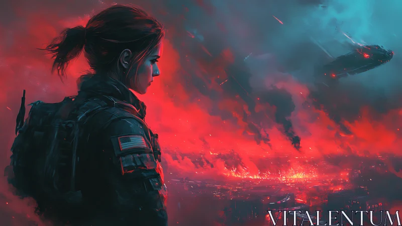 Tactical soldier overlooking burning futuristic city at dusk