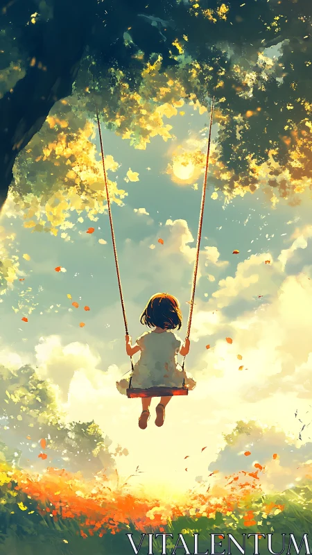 Golden afternoon swing over a sunlit wildflower meadow.