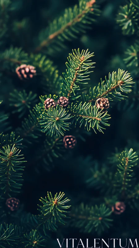 Close view of evergreen conifer branches with small cones.