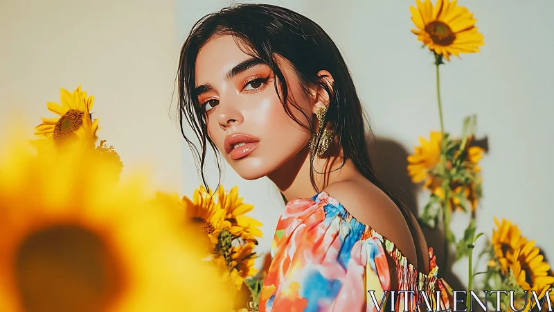 Photorealistic portrait with sunflowers and vibrant bokeh field.