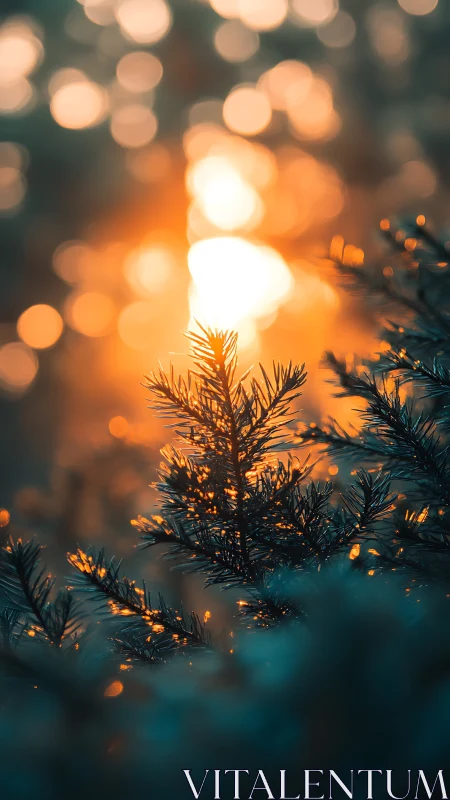 Cinematic bokeh sunset behind evergreen foliage silhouette.