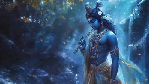 Luminescent blue deity with flute in misted forest cascade.