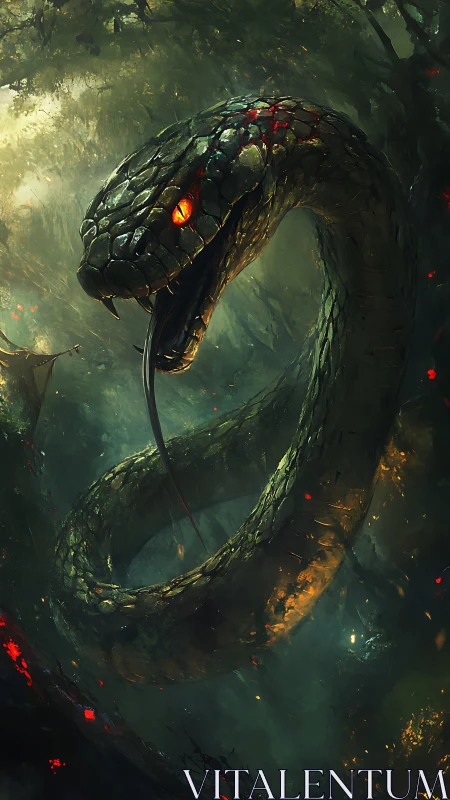 Giant serpent coils through dark forest with glowing eyes
