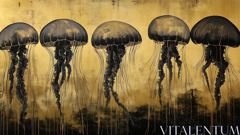 Five stylized jellyfish float against textured gold background