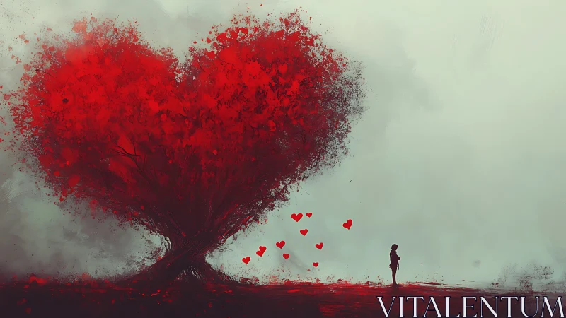 Particulate heart-form tree emits dispersing red particles into atmospheric gradient