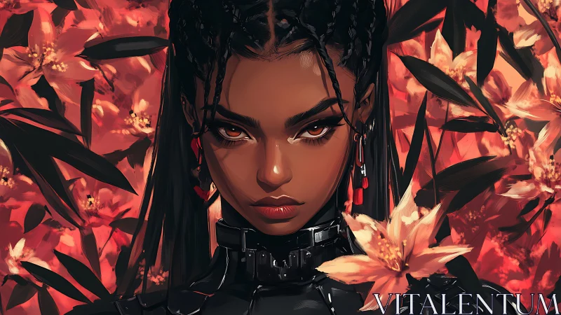 Fierce cyberpunk woman confronts viewer amid burning lilies