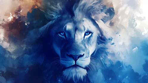 Blue toned lion portrait merges with abstract paint clouds