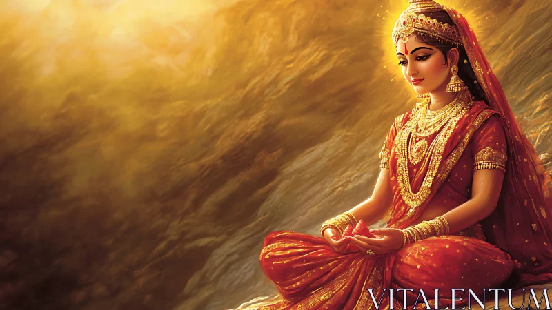 Radiant meditative princess in jeweled saree under aureate light.