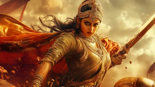 Warrior queen in ornate armor raising sword in battle scene.