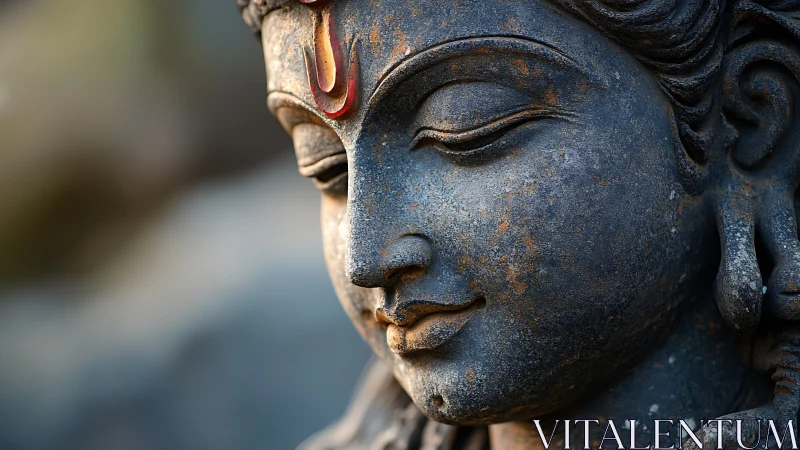 Close-up stone sculpture of serene Hindu deity face.