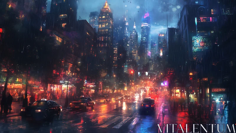 Rain-soaked neon city avenue with dynamic depth and specular highlights