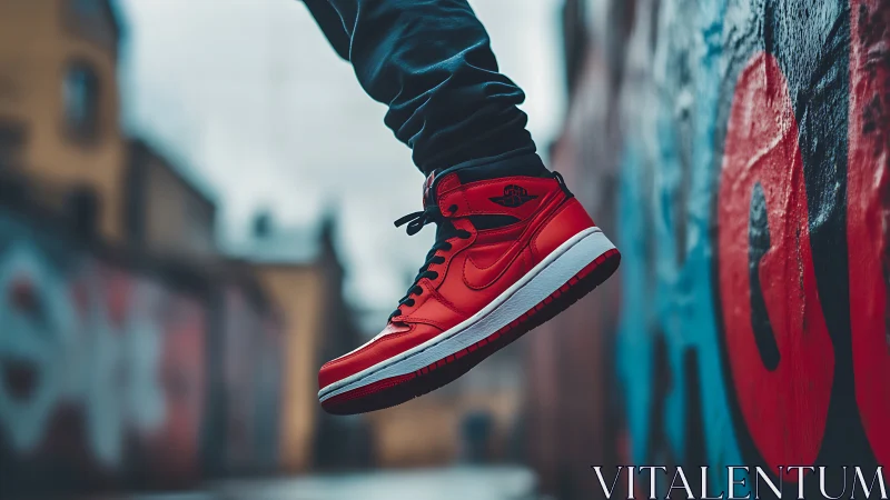 Red high-top sneaker in dynamic urban street close-up shot.