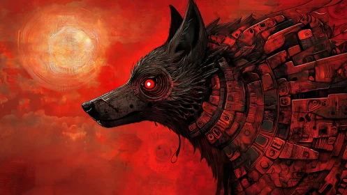Cybernetic wolf profile against textured red solar backdrop