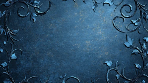 Embossed blue floral border on textured metallic background.