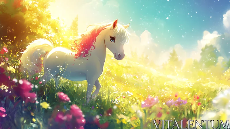 Gentle pony glows in sunlit meadow filled with wildflowers