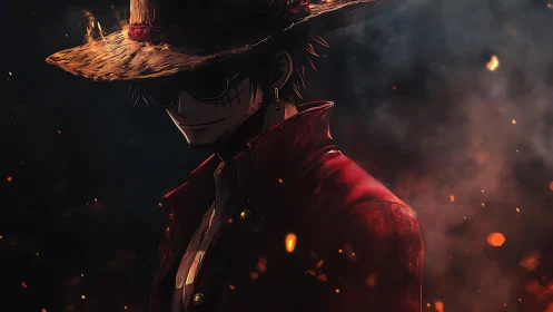 Smoldering outlaw in red coat amid drifting ember dusk.