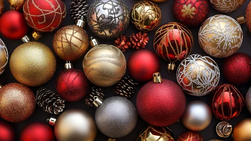 Glistening Christmas bauble chorus in red, gold, and frost.