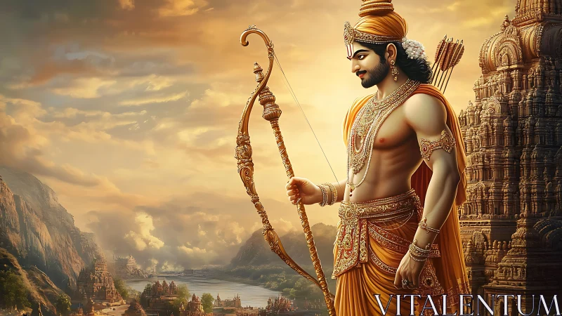 Heroic archer deity in ornate temple landscape at sunrise