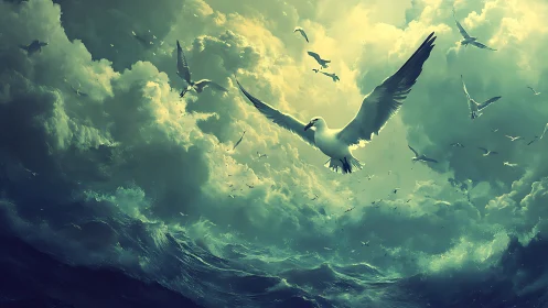 Seabirds in turbulent sky over dynamic ocean waves.