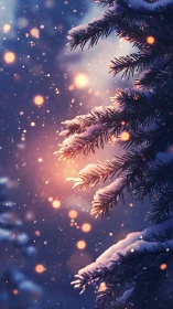 Snow-laden fir branches catch warm winter twilight glow.
