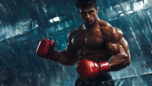 Boxer in rain with red gloves, wet muscular figure fighting stance