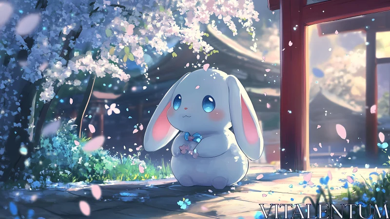 Soft-lit chibi rabbit under blooming sakura with atmospheric depth