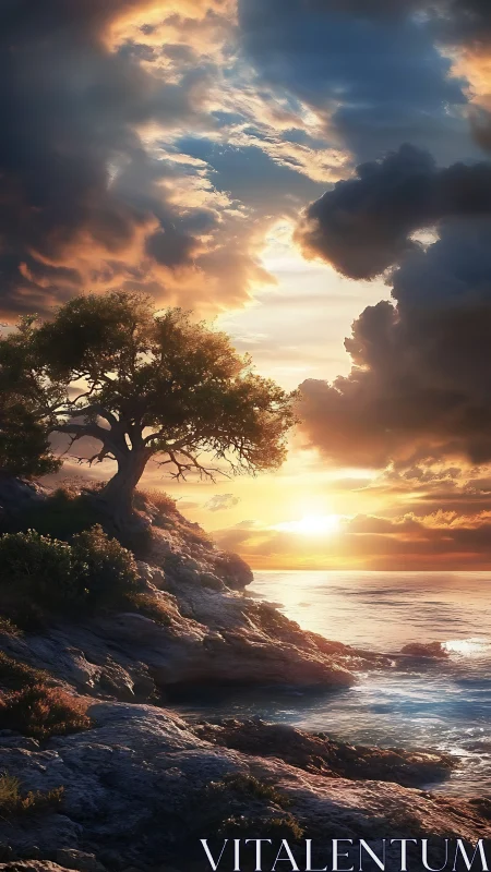 Lonely seaside tree watches a luminous stormlit sunset