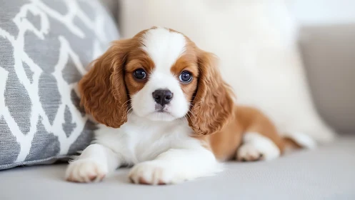 Sweet spaniel puppy relaxing on a cozy living room sofa.