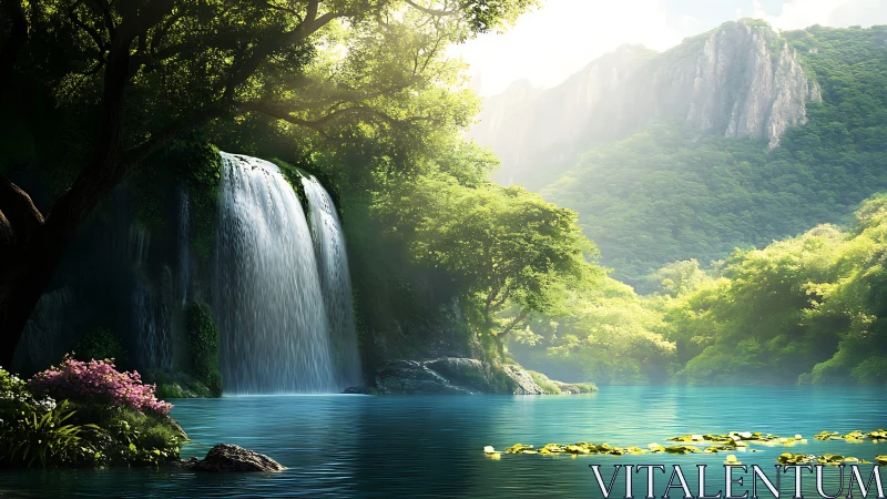 Sunlit forest waterfall beside a calm turquoise lagoon.