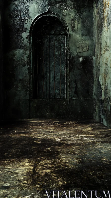 Weathered corridor with a silent, shadowy iron gate.