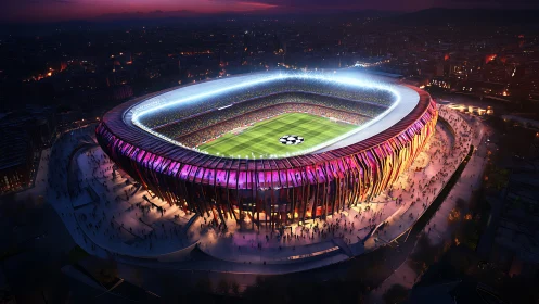 Nighttime football stadium rendering with vivid magenta facade.