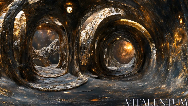 Starlit asteroid tunnels circling a molten cosmic heart.