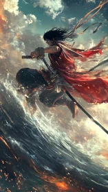 Storm-swept swordsman leaping above turbulent burning sea