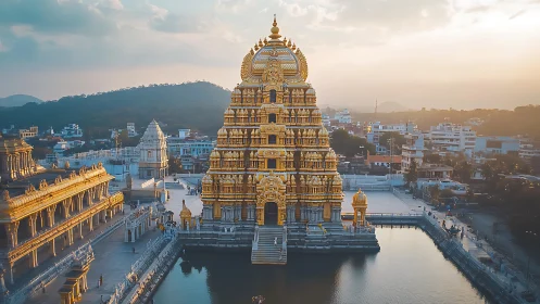 Golden Hindu temple complex reflected in serene water at dusk.