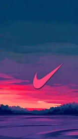 Neon swoosh logo floats above a vivid sunset horizon