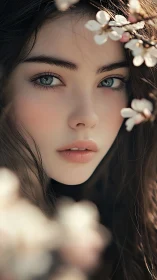 Close-up digital portrait of woman with flowers framing face.