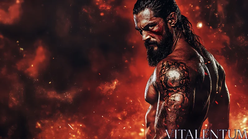 Warrior with bloodied face against fiery burning backdrop.