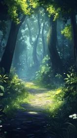 Enchanted forest path with towering ancient trees and golden light