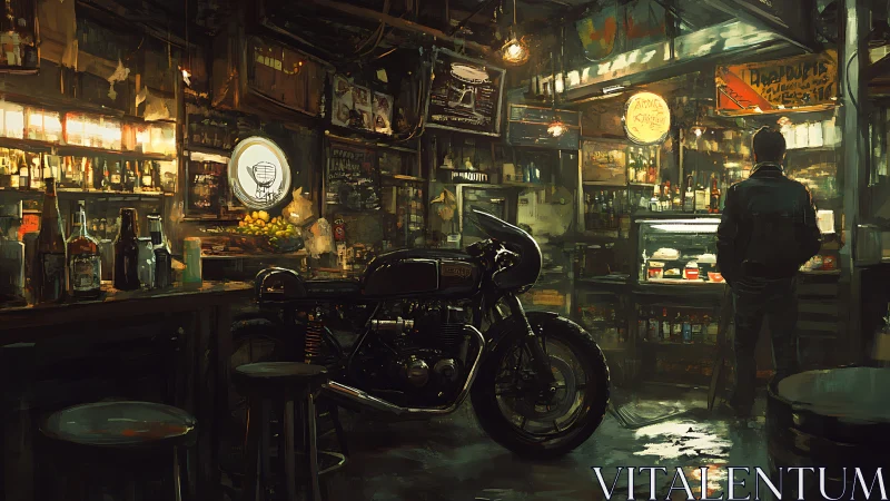 Motorcycle is parked inside a dimly lit bar interior
